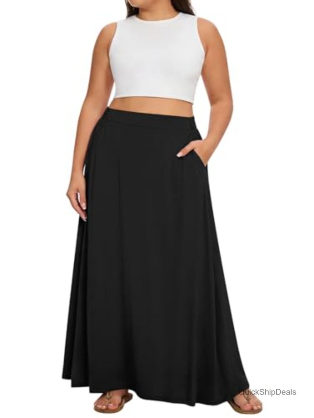 Plus Size A-Line Maxi Skirt with Pockets Elastic High Waist Flowy Long Skirts